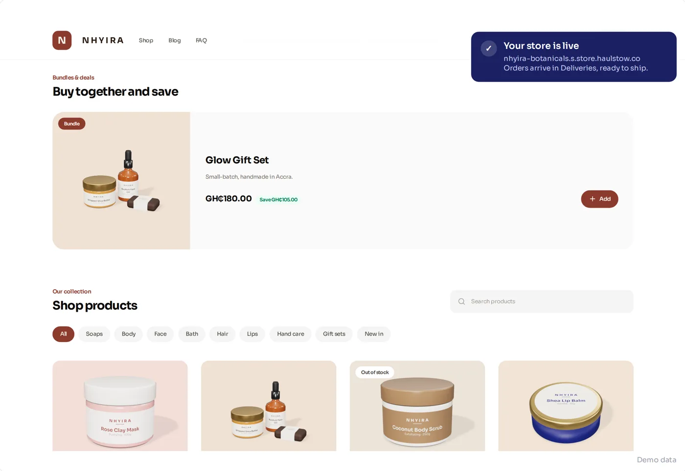 A live Haulstow storefront, with orders arriving in Deliveries ready to ship