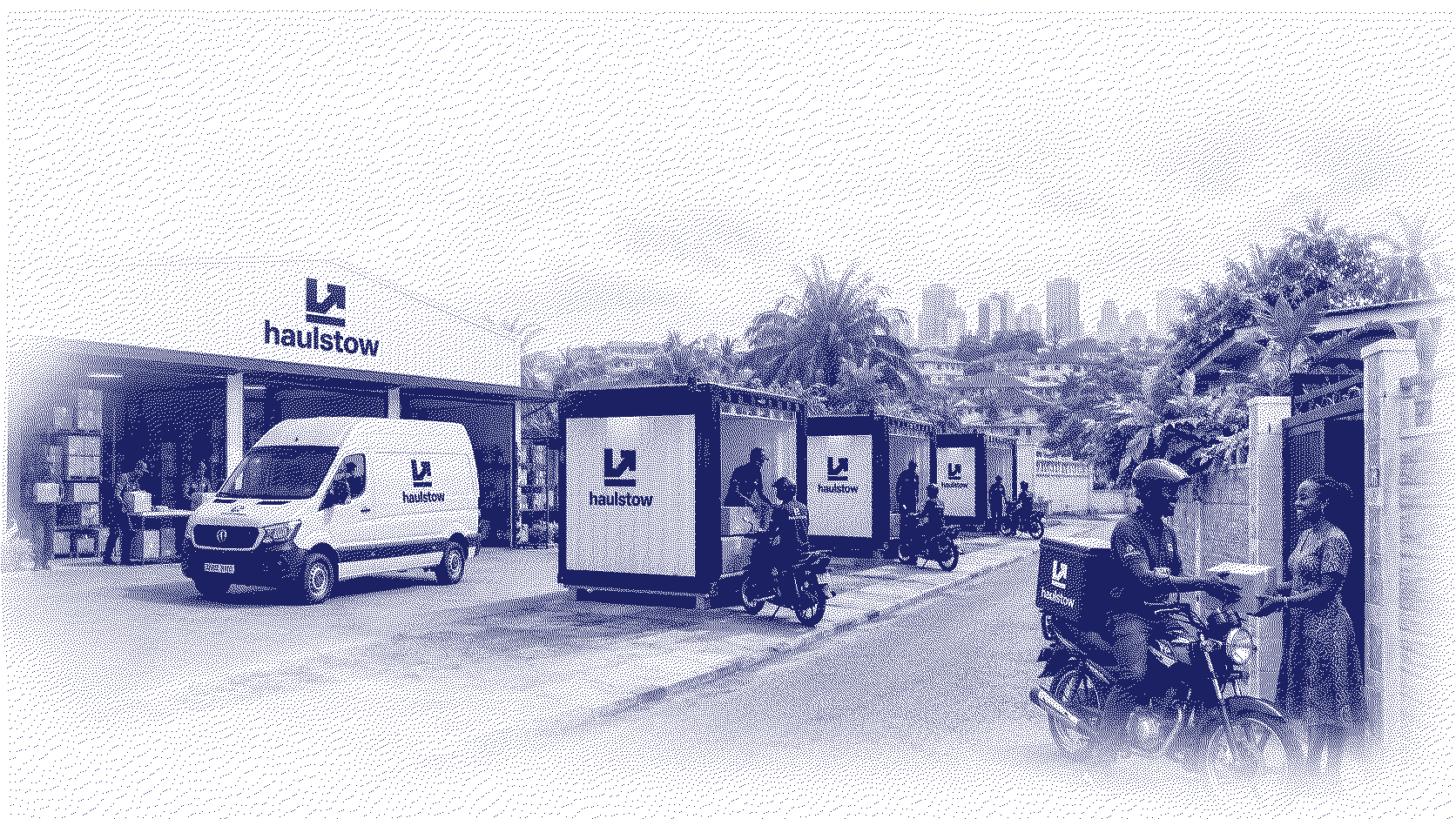 Haulstow's Accra hub: parcels going from the warehouse into a van and onto rider bikes, and a rider handing a parcel to a customer at their gate, rendered as a navy halftone.